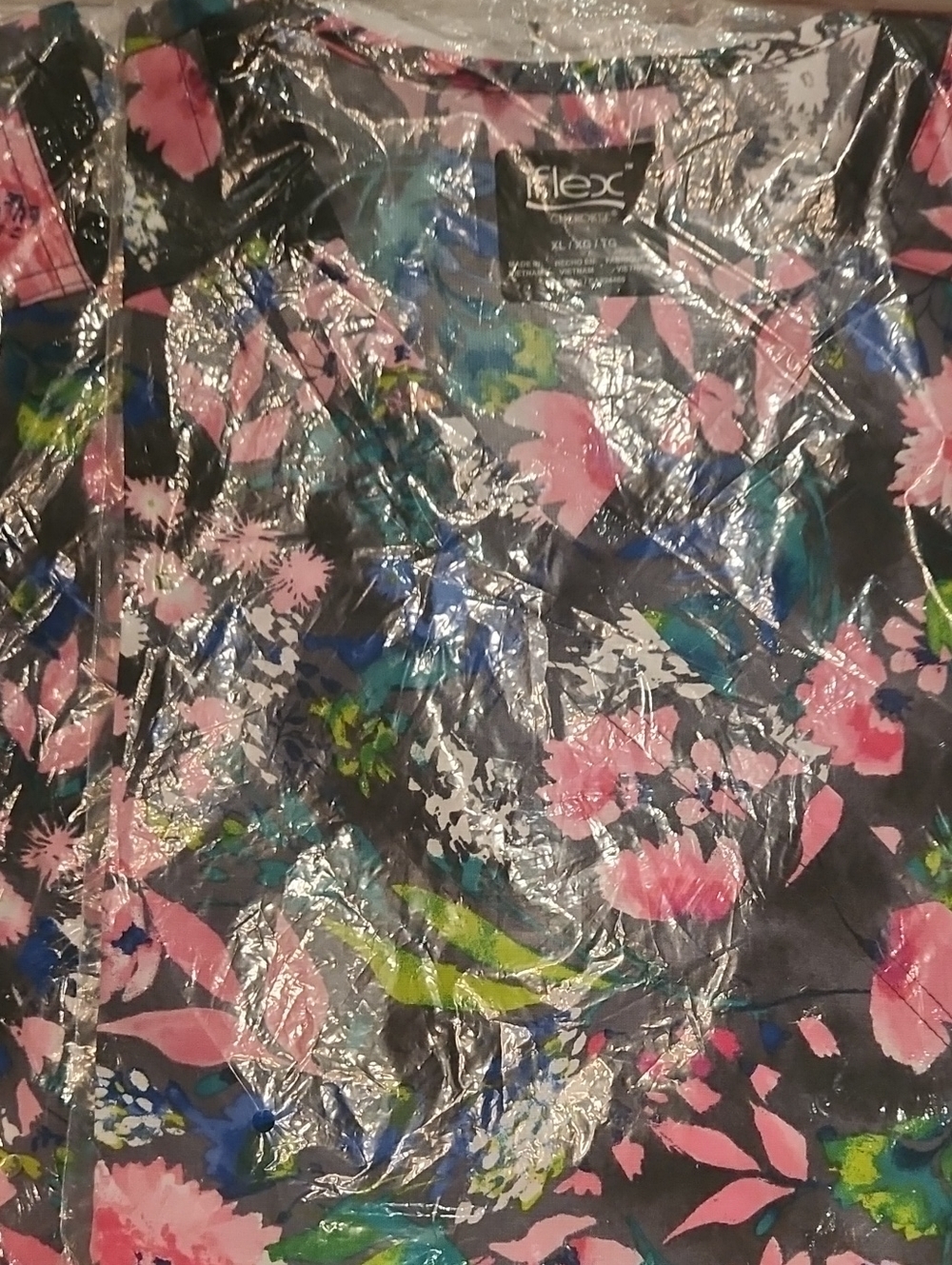 Xl Floral Print Women's Scrub Top Shirt - Gray with Pink & Blue Flowers